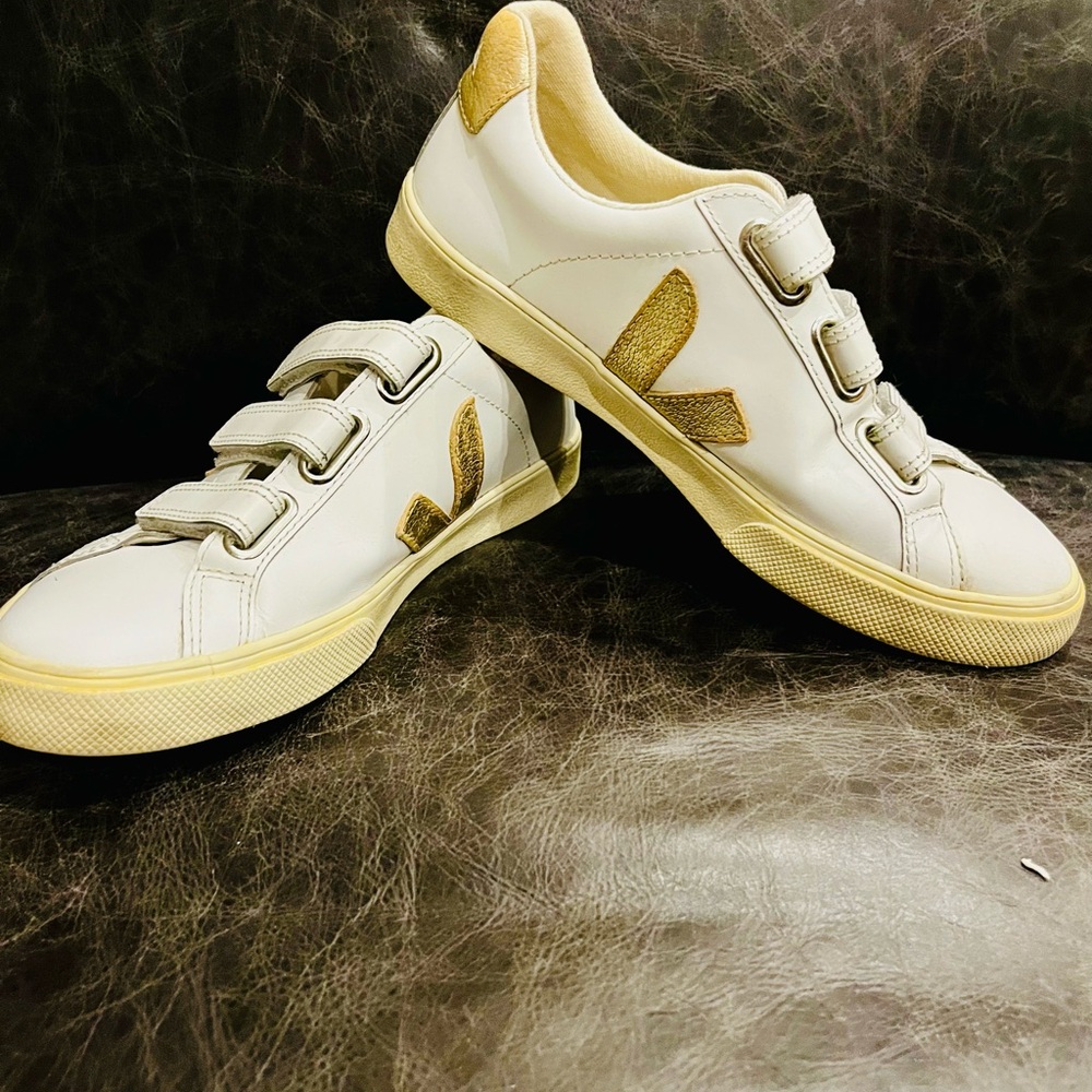 Veja White and Gold Sneakers